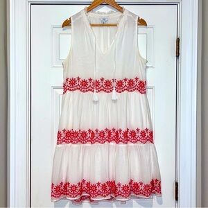 Crown and Ivy White Tiered Mini Dress With Red Embroidery Medium
